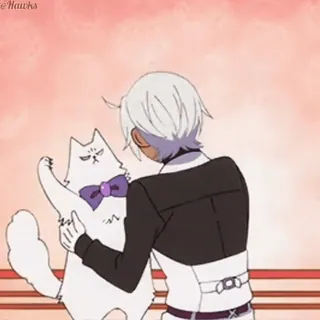 😠 5fcd4f21 Katze, Anime, weißes Haar, lila Fliege, Mann, Umarmung, süß whatsapp sticker