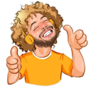 👍 d56b51d9 Cartoon, Krullend haar, Koptelefoon, Duim omhoog, Positief, Vrolijk telegram sticker