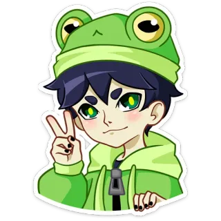✌ ec5e837c аниме, парень, лягушка, милый, зеленый, знак мира, мультфильм, стикер telegram sticker