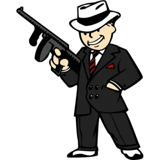 🔫 e96513d4 Vault Boy Fallout vault-tec, fallout, game, cartoon, gun, tommy gun, mobster whatsapp sticker