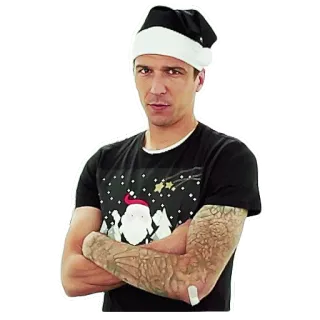 😒 49ef2900 uomo, natale, cappello babbo natale, braccia conserte, tatuaggi, ritratto, festa, vacanza telegram sticker
