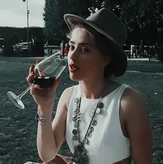 🐬 9bd6a1ad persona, bebiendo, vino, mujer, sombrero, retrato, exterior telegram sticker