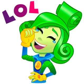 😂 41eba21e LOL lol, rire, emoji, dessin animé, vert, personnage, robot, bitcoin whatsapp sticker