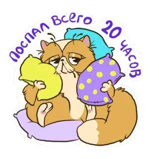 😂 b5c173da ПОСПАЛ ВСЕГО 20 ЧАСОВ Katze, schläfrig, müde, Kissen, süß, Cartoon telegram sticker