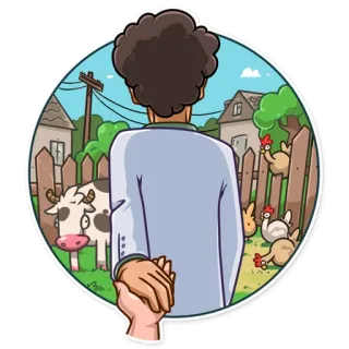 🧳 af8b3148 Kartun, Bergandengan tangan, Desa, Binatang, Sapi, Ayam, Mengikuti whatsapp sticker
