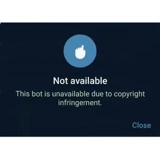 🤖 0039ddb5 Not available
This bot is unavailable due to copyright infringement.
Close hak cipta, pelanggaran, tidak tersedia, bot, pesan kesalahan telegram sticker