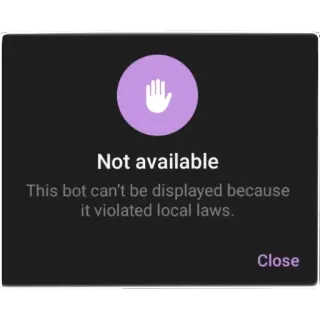 👍 48e9873f Not available
This bot can't be displayed because
it violated local laws. kesalahan, bot, pelanggaran, hukum, tidak tersedia telegram sticker