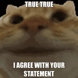 😂 d729f39d TRUE TRUE
I AGREE WITH YOUR
STATEMENT gatto, meme, accordo, divertente, animale whatsapp sticker