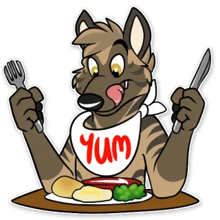 🍴 bcf7f6a3 Yum สัตว์, การ์ตูน, อาหาร, อร่อย, หิว, ส้อม, มีด whatsapp sticker
