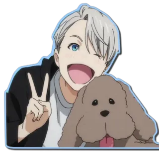 😉 07ce8e47 Victor Nikiforov Yuri!!! on Ice Anime, Kartun, Karakter, Anjing, Senyum, Tanda perdamaian telegram sticker