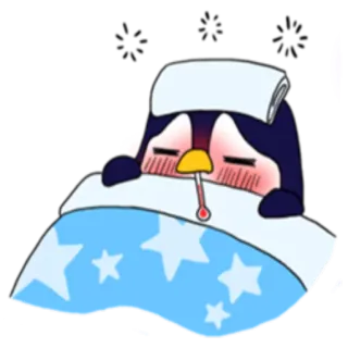🤒 f4e72283 Pinguin, krank, erkrankt, Erkältung, Thermometer, Bett, Grippe telegram sticker