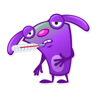 😷 c9f0ceae malade, monstre violet, thermomètre, maladie, dessin animé, santé, fièvre whatsapp sticker