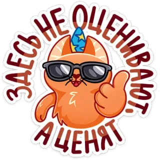 😎 ac0b6f50 ЗДЕСЬ НЕ ОЦЕНИВАЮТ, А ЦЕНЯТ kat, sticker, duim omhoog, zonnebril, russisch, positief, schattig whatsapp sticker