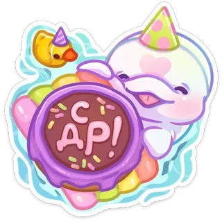 🥳 b65eb526 С ДР! dolphin, birthday, cute, donut, celebration, party hat, duck telegram sticker