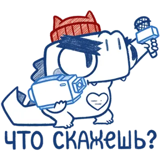 🎥 82ee6f19 ЧТО СКАЖЕШЬ? kreskówka, dinozaur, reporter, mikrofon, kamera, pytanie, rosyjski telegram sticker