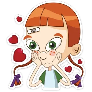 😚 31e831a3 мультфильм, девушка, милый, сердечки, пластырь, рыжие волосы, косички, стикер telegram sticker