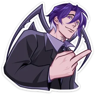 🖕 91b9a271 动漫人物, 竖中指, 冒犯手势, 恶魔, 贴纸, 紫色头发, 西装 telegram sticker