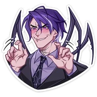 🫦 94006cc4 动漫, 卡通, 角色, 恶魔, 紫色头发, 坏笑, 男人, 西装 telegram sticker