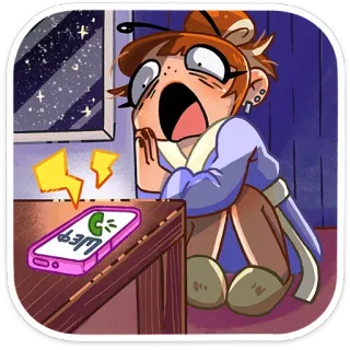 😱 63fda6b8 ШЕР การ์ตูน, กลางคืน, โทรศัพท์, นาฬิกาปลุก, ช็อก, กลัว, ผู้หญิง telegram sticker