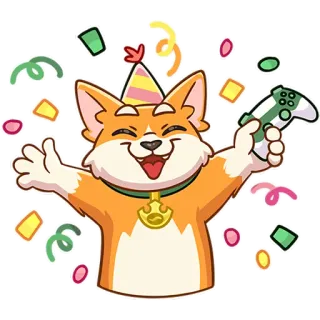 🥳 4b7d9c22 corgi, hond, feest, viering, game controller, confetti, vrolijk telegram sticker