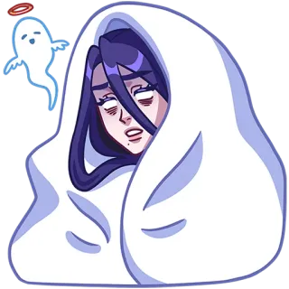 👻 1771465e duch, smutny, kobieta, koc, kreskówka, zmęczony telegram sticker