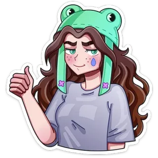 👍 6641e36b девушка, лягушачья шляпа, милый, большой палец вверх whatsapp sticker