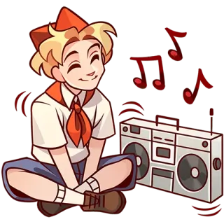 🎶 973eb9ef boy, music, boombox, notes, child, sitting, happy, retro telegram sticker
