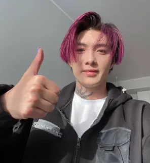 ❤️ 736bc7b5 polegar para cima, cabelo rosa, homem, tatuagem, asiático, dentro de casa, selfie whatsapp sticker