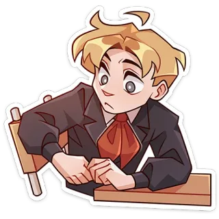 🤨 d41fbf9e Cartone animato, Personaggio, Seduto, Scrivania, Capelli biondi, Espressione telegram sticker
