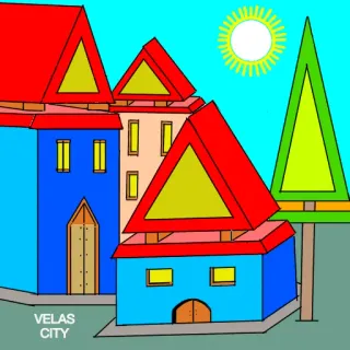 🌆 656b233a VELAS CITY 都市, 建物, 木, 太陽, アート, 絵, カラフル telegram sticker