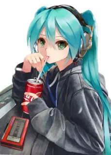 🧃 1df14785 Hatsune Miku Anime, Garota, Fones de ouvido, Coca Cola, Refrigerante, Walkman, Música whatsapp sticker