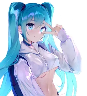 ✌️ 4280e153 Hatsune Miku Anime, Menina, Cabelo azul, Sinal de paz, Vocaloid whatsapp sticker