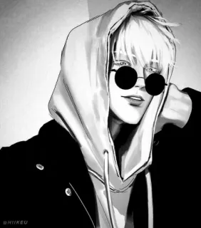 ♥ 34301333 HIIKEU 애니메이션, 후드티, 캐릭터, 선글라스, 스케치, 흑백 telegram sticker