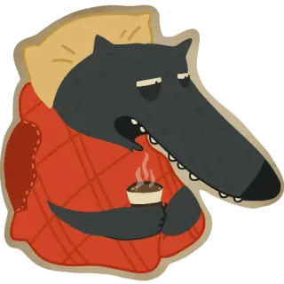 🤕 594bd61d หมาป่า, ป่วย, กาแฟ, เตียง, ขี้เกียจ, เหนื่อย, ภาพประกอบ, การ์ตูน telegram sticker