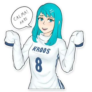 😉 6401e548 CALMA! 
AH RE аниме девушка, американский футбол, футбол, спокойствие, отдых, мирный, Кроос, номер 8, голубые волосы telegram sticker