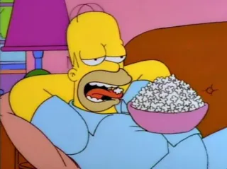 🍟 5a5f6554 Homer Simpson The Simpsons Homer Simpson, Kreskówka, Popcorn, Leniwy, Kanapa, Jedzenie telegram sticker