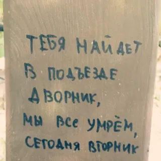 ☠ c3a360a1 ТЕБЯ НАЙДЕТ
В ПОДЪЕЗДЕ
ДВОРНИК,
МЫ ВСЕ УМРЁМ,
СЕГОДНЯ ВТОРНИК русский, текст, граффити telegram sticker