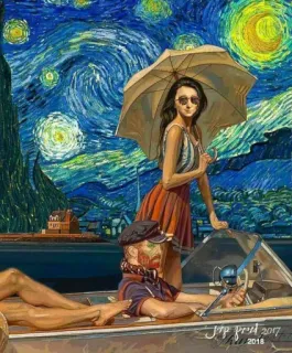🚤 fb3babdd arte, pintura, barco, Vincent Van Gogh, Noche estrellada, paraguas telegram sticker