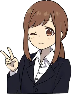 ✌️ 49d018be fille anime, signe de paix, clin d'oeil, cheveux bruns, tenue de bureau, dessin animé whatsapp sticker