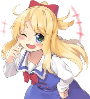 😜 53783e57 Anime, Ragazza, Occhiolino, Capelli biondi, Fiocco rosso telegram sticker