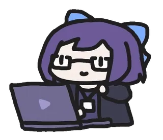 💻 7f997447 Dessin animé, Oreilles de chat, Ordinateur, Lunettes, Kawaii, Cheveux violets, Animé telegram sticker