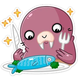 🐟 52138fb6 tricheco, animale, cartone animato, carino, cibo, pesce, piatto, cena telegram sticker