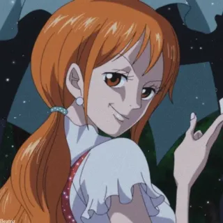 🍊 7abd1439 Nami One Piece anime, dziewczyna, pomarańczowe włosy, kreskówka, kobieta, szczęśliwa telegram sticker