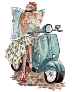 🛵 025769f0 woman, map, scooter, travel, vintage, retro, style whatsapp sticker
