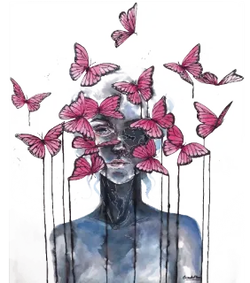 🦋 0b3e9876 art, woman, butterflies, pink, illustration, drawing whatsapp sticker