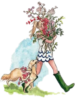 💐 dedae588 woman, flowers, dog, nature, garden, cute, art whatsapp sticker