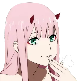 😂 9bea1231 Zero Two Darling in the Franxx Anime, Zero Two, Darling in the Franxx, Roze haar, Hoorntjes, Grijns, Fanart telegram sticker