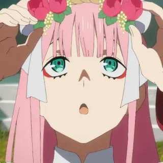 😦 70542069 Zero Two Darling in the Franxx Anime, Mädchen, pinke Haare, Zero Two, Darling in the Franxx, Blumenkranz, süß telegram sticker