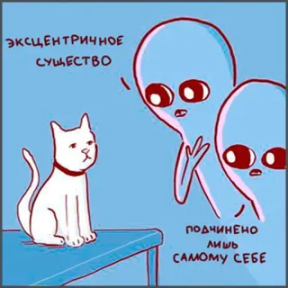 🐈 566e759b ЭКЦЕНТРИЧНОЕ СУЩЕСТВО
ПОДЧИНЕНО ЛИШЬ САМОМУ СЕБЕ alien, cat, funny, meme, humor telegram sticker