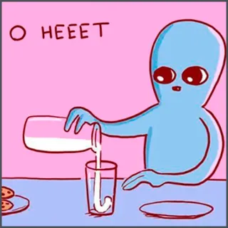 👎 aadb5414 O HEEET alien, milk, pouring, cartoon, pink, blue telegram sticker